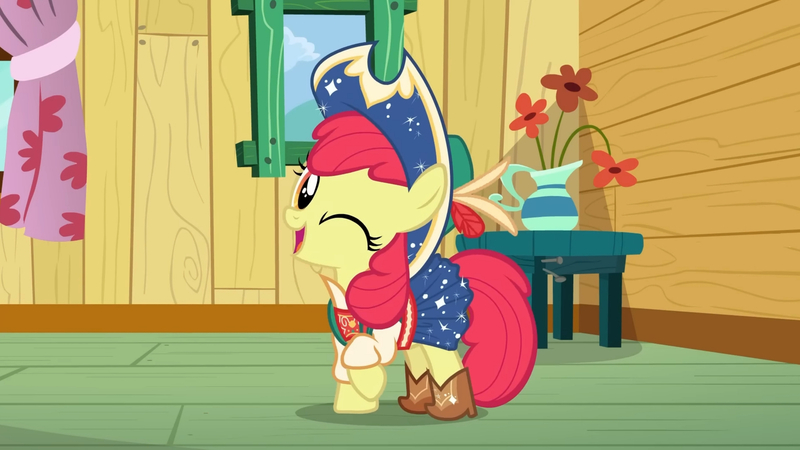 Size: 3410x1920 | Tagged: safe, derpibooru import, screencap, apple bloom, earth pony, pony, on your marks, season 6, adorabloom, boots, clothes, clubhouse, cowboy boots, cowboy hat, crusaders clubhouse, cute, female, filly, foal, hat, high res, image, jpeg, looking at you, one eye closed, open mouth, open smile, shoes, smiling, smiling at you, solo, wink, winking at you