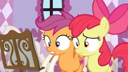 Size: 3410x1920 | Tagged: safe, derpibooru import, screencap, apple bloom, scootaloo, earth pony, pegasus, pony, on your marks, season 6, apple bloom's bow, bow, carousel boutique, duo, duo female, female, filly, foal, hair bow, high res, image, jpeg, mannequin