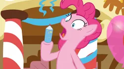 Size: 3410x1920 | Tagged: safe, derpibooru import, screencap, pinkie pie, earth pony, pony, it isn't the mane thing about you, season 7, balloon, female, high res, image, jpeg, mare, open mouth, solo, sugarcube corner