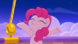 Size: 3410x1920 | Tagged: safe, derpibooru import, screencap, pinkie pie, earth pony, pony, rainbow roadtrip, cute, diapinkes, eyes closed, female, high res, hot air balloon, image, jpeg, mare, night, smiling, solo, twinkling balloon