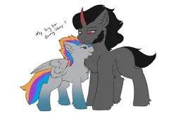 Size: 2522x1667 | Tagged: safe, artist:beardie, derpibooru import, king sombra, oc, oc:pixel codec, pegasus, pony, unicorn, blushing, canon x oc, chest fluff, cuddling, dialogue, gay, gradient hooves, image, male, pegasus oc, png, simple background, stallion, text, transparent background, wings