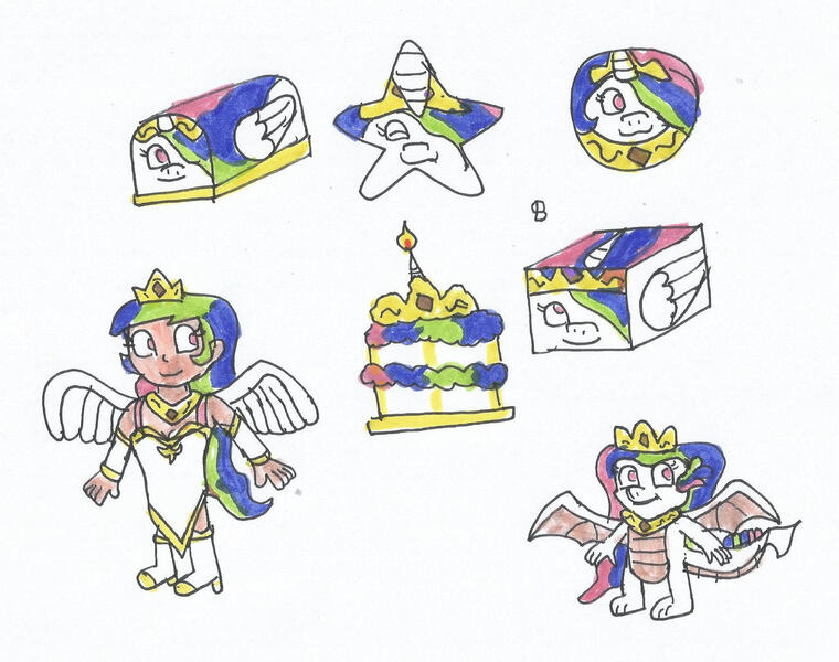 Size: 1280x1011 | Tagged: safe, derpibooru import, princess celestia, alicorn, dragon, human, pony, ball, cake, cakelestia, celestia's crown, cube, dragoness, dragonified, dragonlestia, female, fishcake, food, human ponidox, humanized, image, jpeg, mare, morph ball, princess ballestia, self paradox, self ponidox, species swap, stars, traditional art, transformation, winged humanization, wings