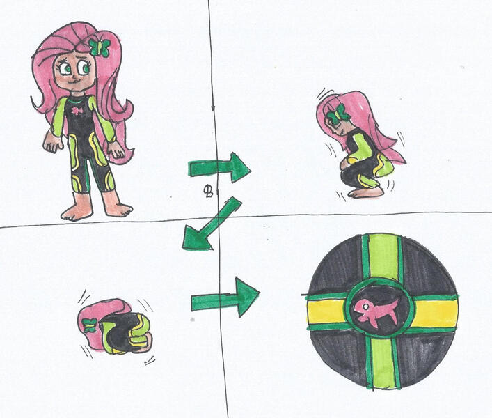 Size: 1280x1086 | Tagged: safe, artist:spaton37, derpibooru import, fluttershy, equestria girls, ball, barefoot, feet, flutterball, human coloration, image, jpeg, morph ball, traditional art, transformation, transformation sequence