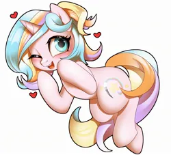 Size: 2200x2000 | Tagged: safe, artist:renokim, derpibooru import, oc, oc:oofy colorful, unofficial characters only, pony, unicorn, bipedal, floating heart, heart, image, jpeg, one eye closed, open mouth, simple background, solo, white background