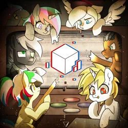 Size: 1800x1800 | Tagged: dead source, safe, artist:renokim, derpibooru import, oc, unofficial characters only, earth pony, pegasus, pony, unicorn, album cover, cube, group, image, light, png, surrounded