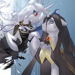 Size: 2048x2048 | Tagged: safe, artist:tingsan, derpibooru import, oc, unofficial characters only, pony, unicorn, black hair, black mane, blue eyes, broken horn, clothes, duo, duo female, female, gem, hair, horn, image, jewelry, jpeg, mane, mare, oc x oc, red eyes, shipping, smiling, white hair, white mane