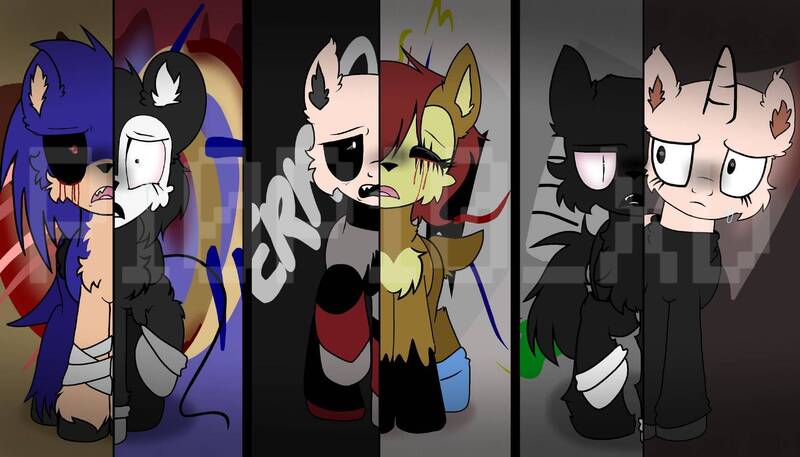 Size: 1718x982 | Tagged: grimdark, artist:juanpiopioxd, artist:xxneurosiscoffeexx, derpibooru import, ponified, earth pony, pegasus, pony, unicorn, .exe, bandage, black sclera, blood, boots, cartoon cat, clothes, creepypasta, crying, eteled, eyes closed, female, gloves, horn, image, jpeg, male, mare, mickey mouse, mii, raised hoof, sad, sally acorn, sally.exe, shoes, sonic the hedgehog, sonic the hedgehog (series), sonic.exe, stallion, stitches, suicidemouse.avi, tears of blood, text, watermark, what my cutie mark is telling me, wings, zalgo