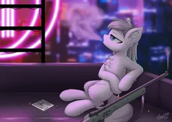 Size: 3508x2480 | Tagged: safe, artist:hugo231929, derpibooru import, oc, oc:perl tech, unofficial characters only, earth pony, pony, assassin, assassination, blurry background, bounty hunter, chest fluff, cigarette, city, cityscape, derpibooru exclusive, ear fluff, gun, hooves, image, looking up, photo, png, rifle, rooftop, smoke, smoking, sniper, sniper rifle, solo, story included, weapon