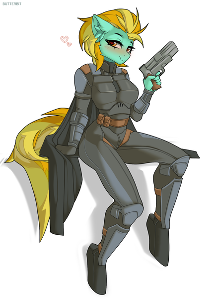 Size: 1500x2100 | Tagged: safe, artist:butterbit, derpibooru import, lightning dust, anthro, unguligrade anthro, armor, bedroom eyes, blushing, breasts, busty lightning dust, cape, clothes, cute, dustabetes, female, gun, handgun, heart, image, looking at you, mandalorian, pistol, png, simple background, sitting, solo, star wars, weapon, white background, wingless, wingless anthro