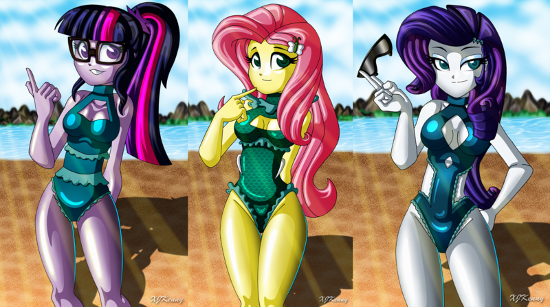 Size: 4170x2331 | Tagged: safe, artist:xjkenny, derpibooru import, edit, fluttershy, rarity, sci-twi, twilight sparkle, equestria girls, beach, boob window, breasts, busty fluttershy, busty rarity, busty sci-twi, clothes, crepuscular rays, female, glasses, high res, image, ocean, one-piece swimsuit, png, sand, swimsuit, trio, trio female, water