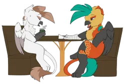 Size: 1855x1243 | Tagged: safe, artist:beardie, derpibooru import, oc, oc:atlamanticaricusika'n, oc:la, unofficial characters only, gryphon, crossed legs, female, griffon oc, image, male, png, simple background, sitting, transparent background