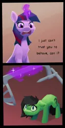 Size: 1100x2150 | Tagged: safe, artist:senaelik, derpibooru import, twilight sparkle, oc, oc:anonfilly, earth pony, pony, unicorn, /mlp/, 2 panel comic, cat carrier, comic, drawthread, female, filly, image, imminent abuse, imminent insertion, magic, png, telekinesis, this will end in pain, unicorn twilight