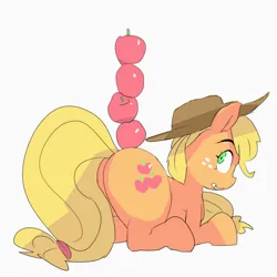 Size: 2500x2500 | Tagged: safe, artist:baigak, derpibooru import, applejack, earth pony, pony, apple, applebutt, applejack's hat, balancing, butt, cowboy hat, female, food, grin, hat, image, jpeg, looking at something, looking back, lying down, mare, plot, prone, simple background, smiling, solo, white background