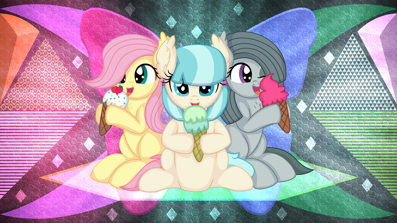 Size: 3840x2160 | Tagged: safe, artist:cyanlightning, artist:laszlvfx, derpibooru import, edit, coco pommel, fluttershy, marble pie, pony, food, ice cream, image, png, the council of shy ponies, wallpaper, wallpaper edit