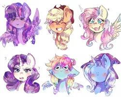 Size: 5000x4000 | Tagged: safe, artist:chocori, artist:dream--chan, derpibooru import, applejack, fluttershy, rainbow dash, rarity, trixie, twilight sparkle, twilight sparkle (alicorn), alicorn, pegasus, pony, unicorn, absurd resolution, blushing, bust, clothes, eyes closed, faic, female, floppy ears, grin, hat, image, looking at you, mare, png, portrait, question mark, simple background, sketch, smiley face, smiling, spread wings, starry eyes, trixie's hat, wat, white background, wing hands, wingding eyes, wings, woll smoth