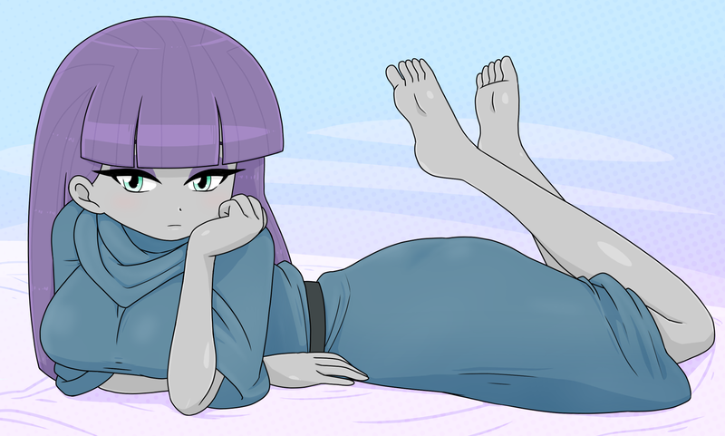 Size: 2104x1265 | Tagged: safe, artist:batipin, derpibooru import, part of a set, maud pie, human, equestria girls, barefoot, breasts, busty maud pie, feet, feet in the air, image, looking at you, lying down, png, prone