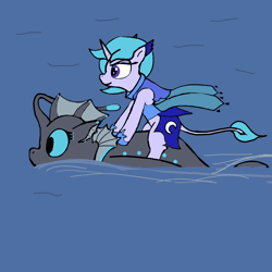 Size: 1080x1080 | Tagged: safe, artist:sprontr, derpibooru import, oc, oc:bewitching bellflower, oc:color splash (seapony), unofficial characters only, unicorn, angler seapony, animated, armor, duo, female, gif, image, riding, swimming, water