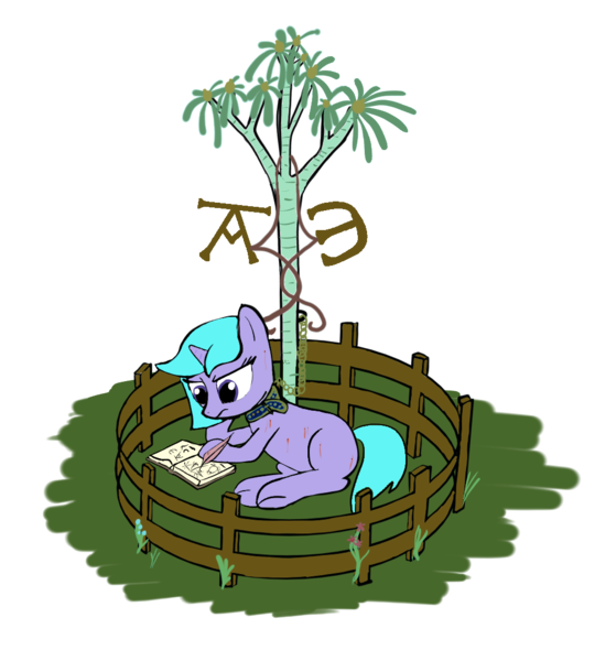 Size: 1007x1080 | Tagged: safe, artist:spontr, derpibooru import, oc, oc:bewitching bellflower, unofficial characters only, undead, book, captured, drawing, female, fence, fine art parody, food, image, png, pomegranate, simple background, solo, the hunt of the unicorn, transparent background, tree