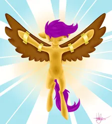 Size: 2700x3000 | Tagged: safe, artist:violyre, derpibooru import, scootaloo, pony, abstract background, attachment, belly button, eyes closed, fake wings, female, high res, icarus, image, png, scootaloo can fly, solo, this will end in death, wings