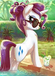 Size: 1299x1771 | Tagged: safe, artist:yulyeen, derpibooru import, rarity, pony, unicorn, adorasexy, alcohol, alternate hairstyle, bedroom eyes, butt, cute, drink, female, food, glass, image, jpeg, lemon, looking at you, looking back, mare, mojito, palm tree, plant, plot, poolside, rearity, seductive, sexy, smiling, solo, straw, stupid sexy rarity, sultry pose, sunglasses, swimming pool, tree, water, wet