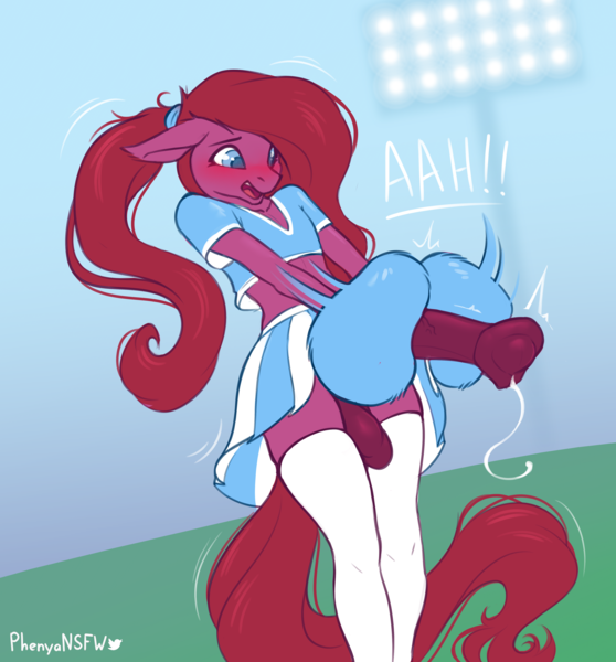 Size: 4000x4300 | Tagged: explicit, artist:phenya, derpibooru import, anthro, big penis, blue eyes, blushing, cheerleader, cheerleader outfit, clothes, crossdressing, cum, cumming, erection, floppy ears, gay, girly, horsecock, image, long mane, long tail, looking down, male, midriff, motion lines, nudity, outdoors, penis, png, pom pom, skirt, skirt boner, socks, solo, solo male, stadium lights, thigh highs, yelling