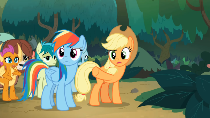 Size: 1044x587 | Tagged: safe, derpibooru import, screencap, applejack, ocellus, rainbow dash, sandbar, smolder, yona, changedling, changeling, dragon, earth pony, pegasus, pony, yak, non-compete clause, dragoness, female, image, male, open mouth, png, pointing, raised eyebrow, sandbar is not amused, unamused