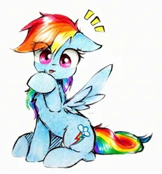 Size: 2335x2511 | Tagged: safe, artist:liaaqila, derpibooru import, rainbow dash, pegasus, pony, behaving like a cat, caught, cute, dashabetes, emanata, eye clipping through hair, grooming, image, jpeg, looking at you, simple background, solo, spread wings, tongue out, traditional art, white background, wide eyes, wings