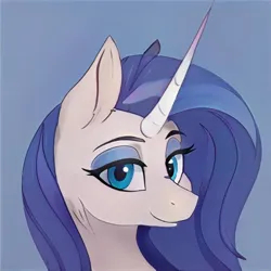 Size: 1024x1024 | Tagged: safe, artist:thisponydoesnotexist, derpibooru import, machine learning generated, pony, unicorn, blue background, blue eyes, blue mane, female, image, jpeg, looking at you, mare, not rarity, simple background, smiling, smiling at you