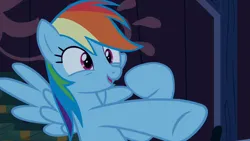 Size: 1920x1080 | Tagged: safe, derpibooru import, screencap, rainbow dash, pegasus, pony, 28 pranks later, season 6, 1080p, barehoof, cute, dashabetes, gotcha, happy, image, implied everypony, png, solo