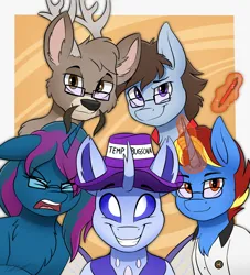 Size: 2900x3190 | Tagged: safe, artist:kaylerustone, derpibooru import, oc, oc:calor the changeling, oc:pathfindercs, unofficial characters only, alicorn, changedling, changeling, deer, earth pony, pony, changedling oc, changeling oc, glasses, hat, image, jpeg, looking at you, open mouth, pen, smiling, spread wings, wings