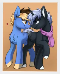 Size: 2900x3600 | Tagged: safe, artist:kaylerustone, derpibooru import, oc, unofficial characters only, alicorn, earth pony, pony, boop, clothes, gay, heart, image, jpeg, looking at each other, looking at someone, male, scarf, simple background, smiling, spread hooves