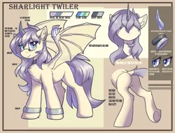 Size: 2048x1556 | Tagged: safe, artist:ravistdash, derpibooru import, oc, oc:sharlight twiler, unofficial characters only, dracony, dragon, hybrid, blank flank, blue eyes, butt, cat eyes, chinese text, crystal horn, derpibooru exclusive, dracony alicorn, dracony oc, dragon wings, female, glasses, green eyes, horn, image, long hair, long tail, metal, moon runes, multicolored eyes, plot, png, purple hair, reference sheet, slit eyes, slit pupils, solo, tail, wings, yellow skin