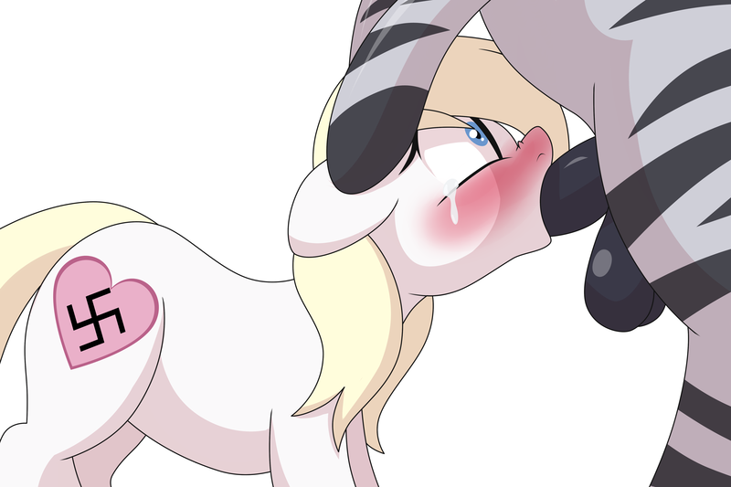 Size: 4800x3200 | Tagged: explicit, artist:spakka5, derpibooru import, oc, oc:aryanne, unofficial characters only, earth pony, pony, zebra, /trash/, 4chan, aryanne getting striped, assisted blowjob, balls, blowjob, blushing, crying, deepthroat, facefuck, female, floppy ears, hoof on head, image, male, nazi, nudity, oral, penis, png, sex, simple background, straight, swastika, white background, zebra oc, zebra supremacy, zebradom