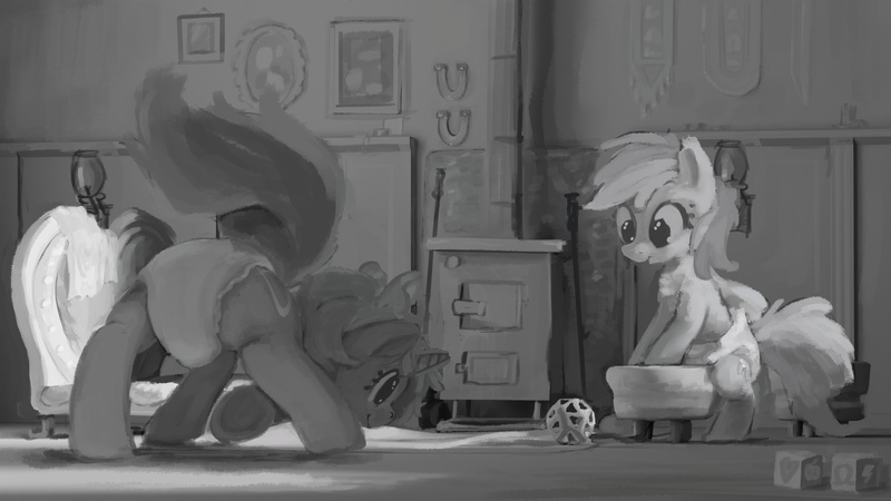 Size: 4000x2250 | Tagged: questionable, artist:asdfasfasda, derpibooru import, lyra heartstrings, rainbow dash, adult foal, black and white, chair, diaper, diaper fetish, duo, fetish, floor, grayscale, image, jpeg, living room, monochrome, non-baby in diaper, playing, stool, stove, toy