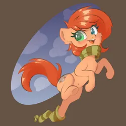 Size: 2048x2048 | Tagged: safe, artist:pollynia, derpibooru import, oc, oc:rusty gears, unofficial characters only, earth pony, pony, clothes, freckles, image, open mouth, png, scarf, simple background, sock, socks, solo, striped scarf, striped socks