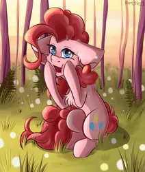 Size: 1500x1766 | Tagged: safe, artist:yuris, derpibooru import, pinkie pie, earth pony, pony, blue eyes, clearing, dandelion, female, forest, grass, image, open mouth, png, smiling, solo, solo female, sunset, tree