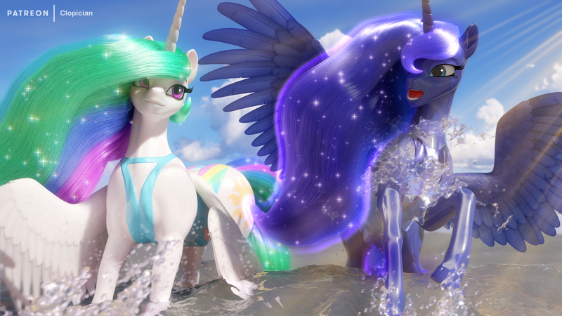 Size: 3840x2160 | Tagged: suggestive, artist:clopician, derpibooru import, princess celestia, princess luna, alicorn, pony, 3d, 4k, anatomically correct, beach, bikini, clothes, crotchboobs, high res, image, jpeg, nudity, ocean, splash, splashing, swimsuit, vulva, water