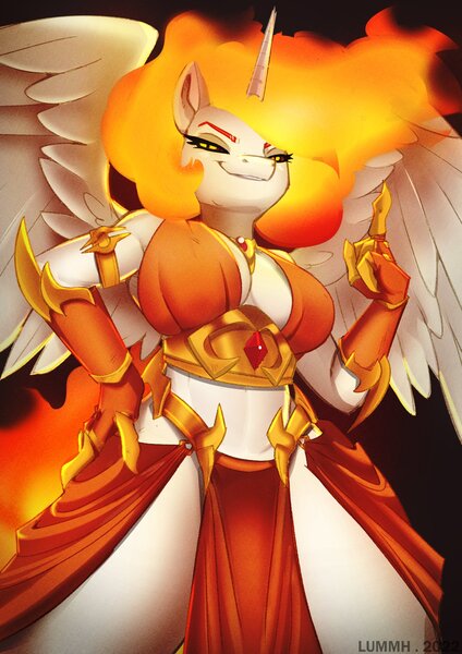 Size: 1768x2500 | Tagged: suggestive, artist:lummh, derpibooru import, daybreaker, alicorn, anthro, accessories, breasts, cleavage, female, fire, hand, hand on hip, horn, image, jewelry, jpeg, looking at you, necklace, pointing, simple background, smiling, smiling at you, solo, solo female, spread wings, standing, wings