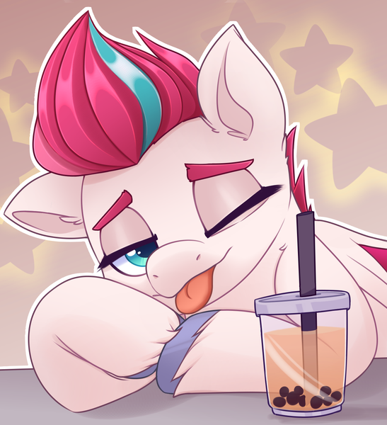 Size: 1368x1500 | Tagged: safe, artist:rivin177, derpibooru import, zipp storm, pegasus, pony, :p, adorazipp, bubble tea, commission, cute, female, floppy ears, g5, hooves, image, looking at you, one eye closed, png, solo, solo female, stars, straw, table, tongue out, wink, ych result, zephyrina