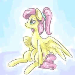 Size: 1000x1000 | Tagged: safe, artist:smirk, derpibooru import, fluttershy, pegasus, pony, colored sketch, female, hair up, image, looking away, mare, older, older fluttershy, png, ponytail, sitting, solo, spread wings, tired, wings