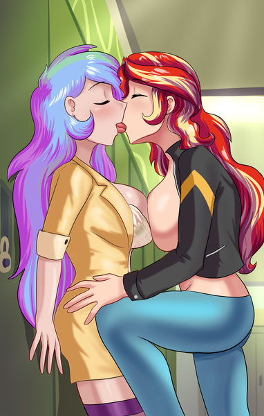 Size: 1303x2048 | Tagged: questionable, artist:thebrokencog, derpibooru import, princess celestia, sunset shimmer, equestria girls, big breasts, blushing, breasts, busty princess celestia, busty sunset shimmer, clothes, commission, denim, duo, duo female, eyes closed, female, females only, french kiss, hand on hip, huge breasts, image, jacket, jeans, kissing, lesbian, nudity, pants, partial nudity, png, principal and student, principal celestia, school, shipping, stupid sexy celestia, sunsestia, teacher, tongue play