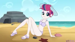 Size: 3832x2152 | Tagged: safe, artist:unichan, derpibooru import, zipp storm, starfish, equestria girls, armpits, beach, bedroom eyes, belly button, bikini, bikini bottom, bikini top, clothes, commission, equestria girls-ified, eyeshadow, feet, female, g5, hat, image, makeup, ocean, png, rock, sand, sandals, solo, sun hat, swimsuit, water, ych result