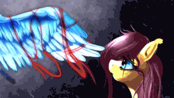 Size: 600x338 | Tagged: safe, artist:mysterimaan, derpibooru import, fluttershy, rainbow dash, absurd file size, absurd gif size, animated, bust, crying inside, ear twitch, female, gif, image, large wings, portrait, rain, sad, wet, wet mane, wind, windswept mane, wings