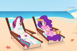 Size: 3000x2000 | Tagged: safe, artist:unichan, derpibooru import, pipp petals, zipp storm, pegasus, pony, starfish, beach, beach chair, beach umbrella, butt, chair, commission, duo, female, g5, image, lying down, mare, markings, ocean, on back, plot, png, royal sisters (g5), sand, seashell, siblings, sisters, umbrella, underhoof, unshorn fetlocks, water, ych result