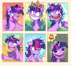 Size: 2048x1905 | Tagged: safe, artist:千雲九枭, derpibooru import, twilight sparkle, twilight sparkle (alicorn), alicorn, bird, unicorn, a trivial pursuit, best gift ever, lesson zero, starlight the hypnotist, spoiler:interseason shorts, chest fluff, dishevelled, faic, floppy ears, grin, image, insanity, jpeg, messy mane, nest, open mouth, pudding face, scroll, smiling, solo, twilight snapple, unamused