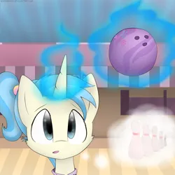 Size: 2300x2300 | Tagged: safe, artist:meotashie, derpibooru import, allie way, pony, unicorn, bowling ball, bowling pin, female, glow, glowing horn, horn, image, magic, png, telekinesis