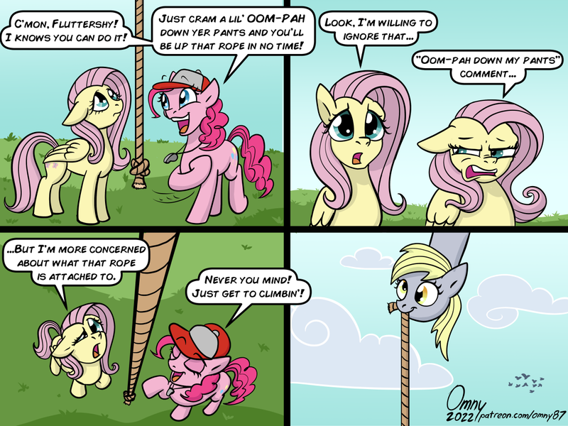 Size: 1200x900 | Tagged: safe, artist:omny87, derpibooru import, derpy hooves, fluttershy, pinkie pie, cartoon physics, coach, comic, dialogue, disgusted, hat, homestar runner, image, png, rope, weirded out, whistle, whistle necklace, wince