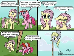 Size: 1200x900 | Tagged: safe, artist:omny87, derpibooru import, derpy hooves, fluttershy, pinkie pie, cartoon physics, coach, comic, dialogue, disgusted, hat, homestar runner, image, png, rope, weirded out, whistle, whistle necklace, wince
