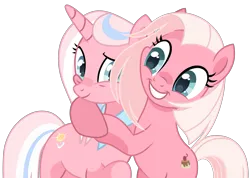 Size: 3282x2334 | Tagged: safe, artist:kreedie, derpibooru import, clear sky, fuchsia frost, earth pony, pony, unicorn, the summer sun setback, bipedal, duo, duo female, female, friendship student, high res, hug, image, mare, png, simple background, smiling, transparent background