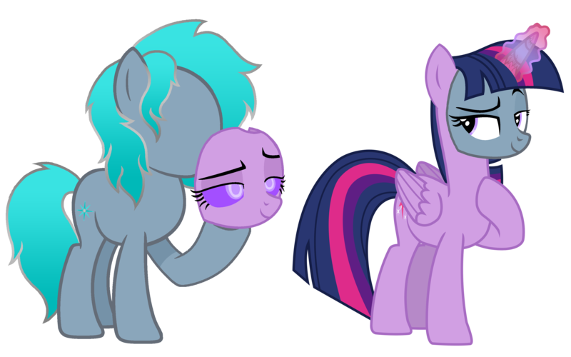 Size: 3072x1920 | Tagged: safe, artist:motownwarrior01, derpibooru import, twilight sparkle, oc, oc:cyan sight, unofficial characters only, alicorn, pony, unicorn, detachable face, duo, face swap, hoof hold, horn, hypnosis, hypnotized, image, lidded eyes, magic, magic aura, modular, no face, png, sassy, simple background, standing, transparent background, wings
